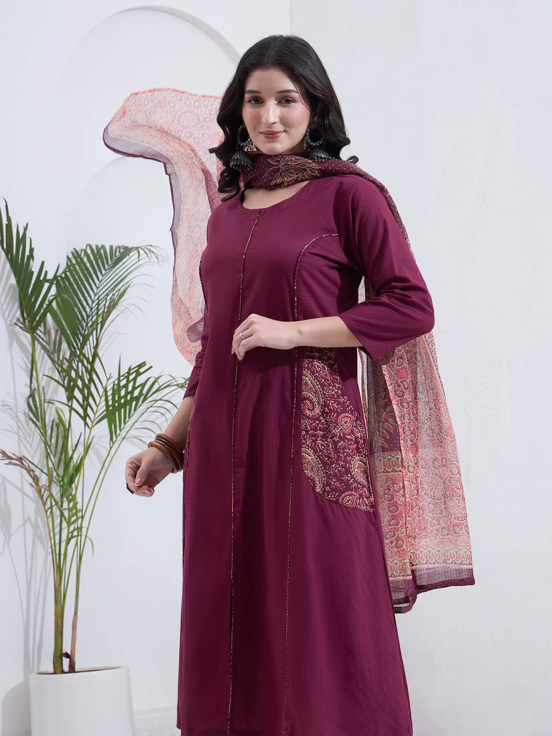 Burgundy Cotton A Line Patch Work Kurta Pant Dupatta Set