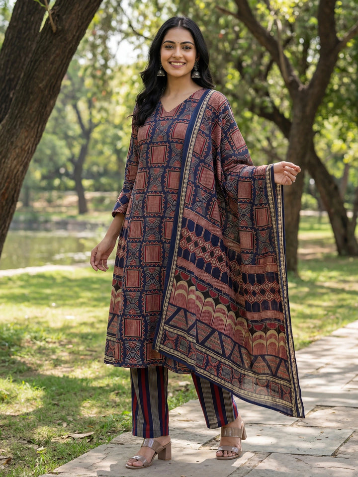 Navy Blue Straight Geometric Print With Kurta Trouser Dupatta Set