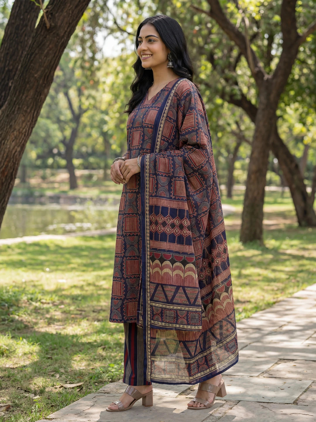Navy Blue Straight Geometric Print With Kurta Trouser Dupatta Set