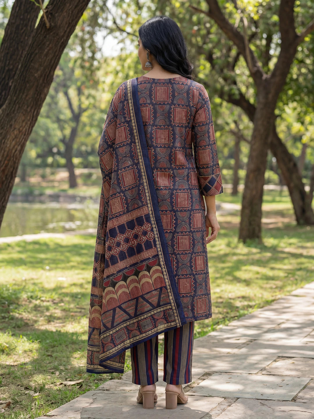 Navy Blue Straight Geometric Print With Kurta Trouser Dupatta Set