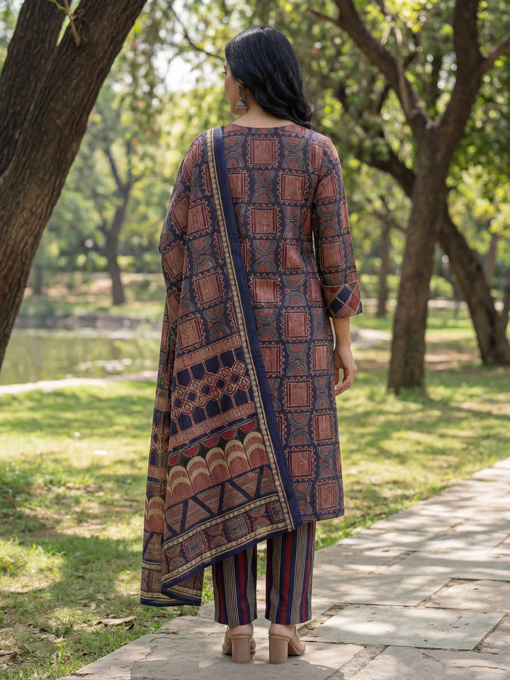 Navy Blue Straight Geometric Print With Kurta Trouser Dupatta Set