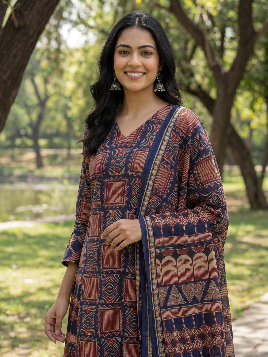 Navy Blue Straight Geometric Print With Kurta Trouser Dupatta Set