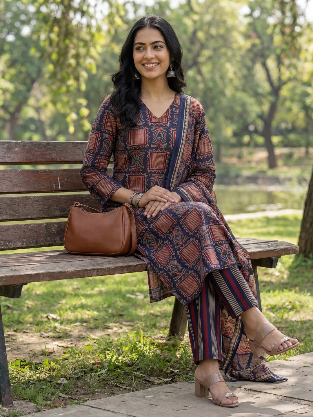 Navy Blue Straight Geometric Print With Kurta Trouser Dupatta Set