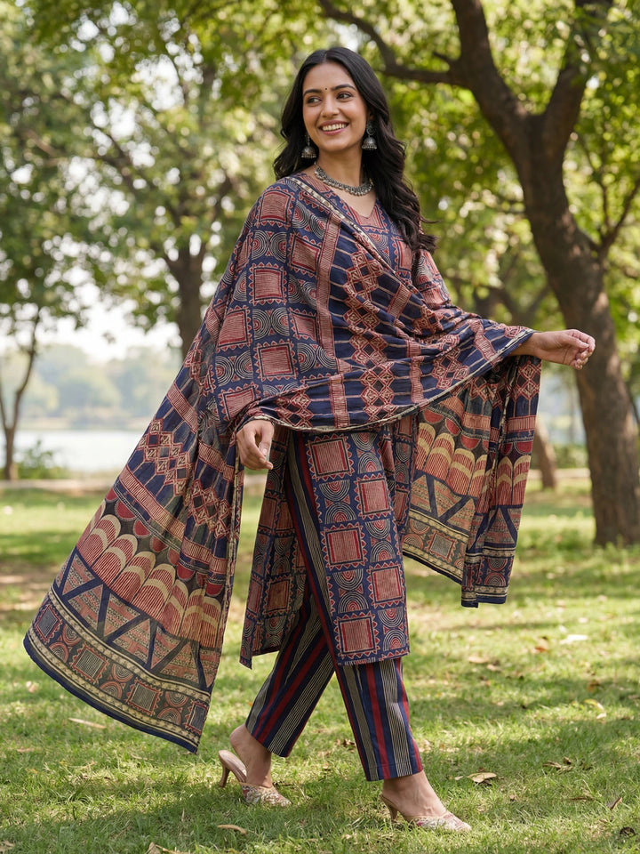 Navy Blue Straight Geometric Print With Kurta Trouser Dupatta Set