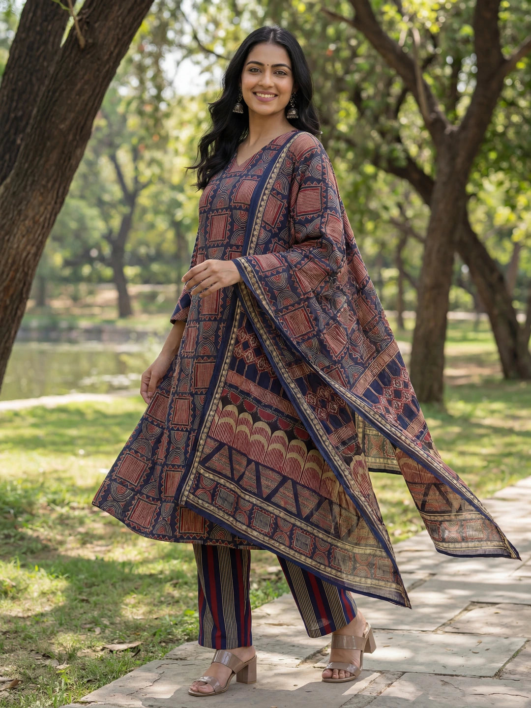Navy Blue Straight Geometric Print With Kurta Trouser Dupatta Set