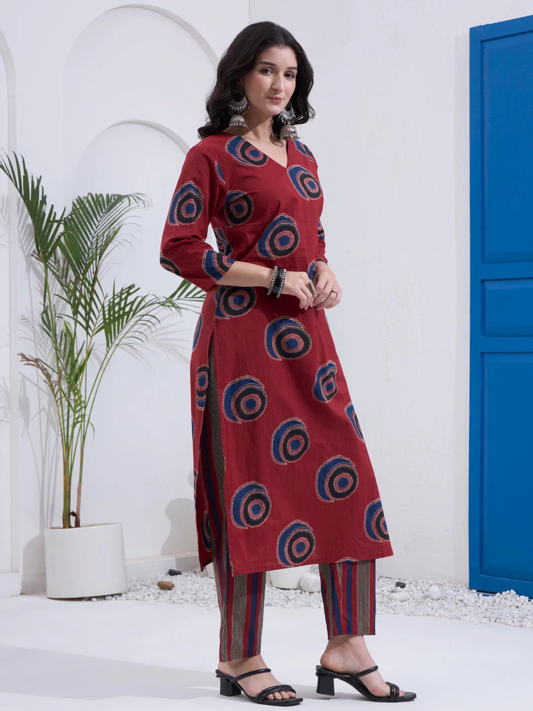 Maroon Cotton Straight Kurta Pant Dupatta Set