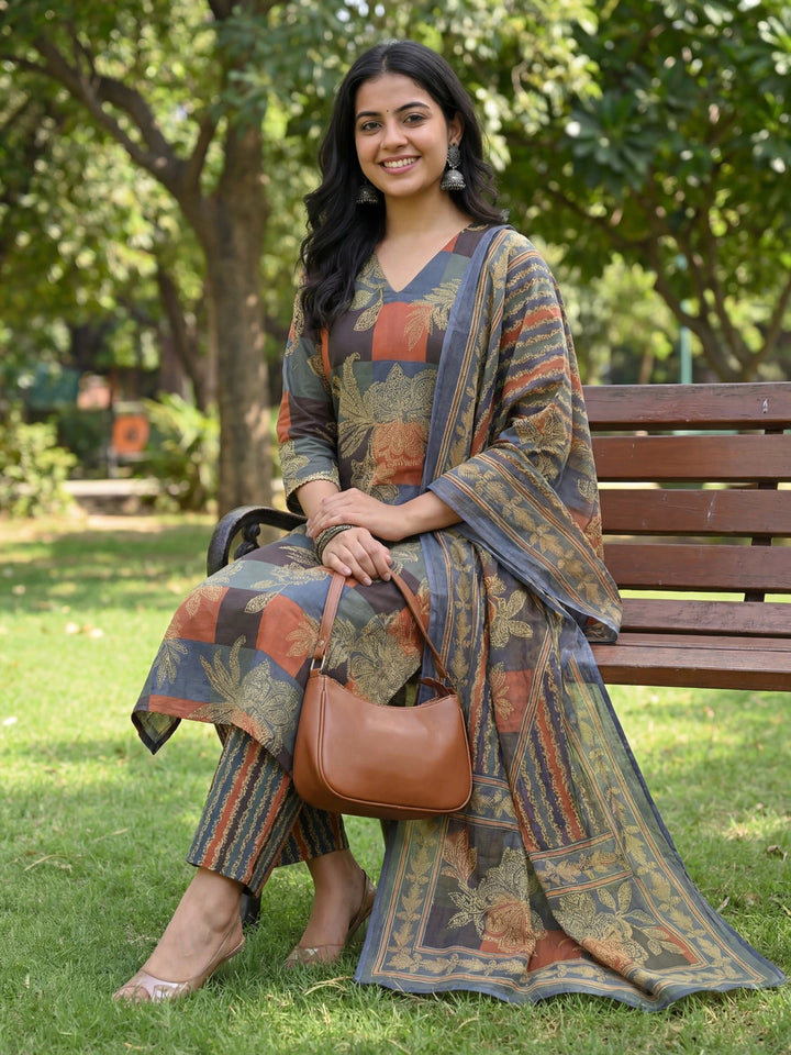 Multi Straight Floral Geometric Print Kurta Trouser Dupatta Set