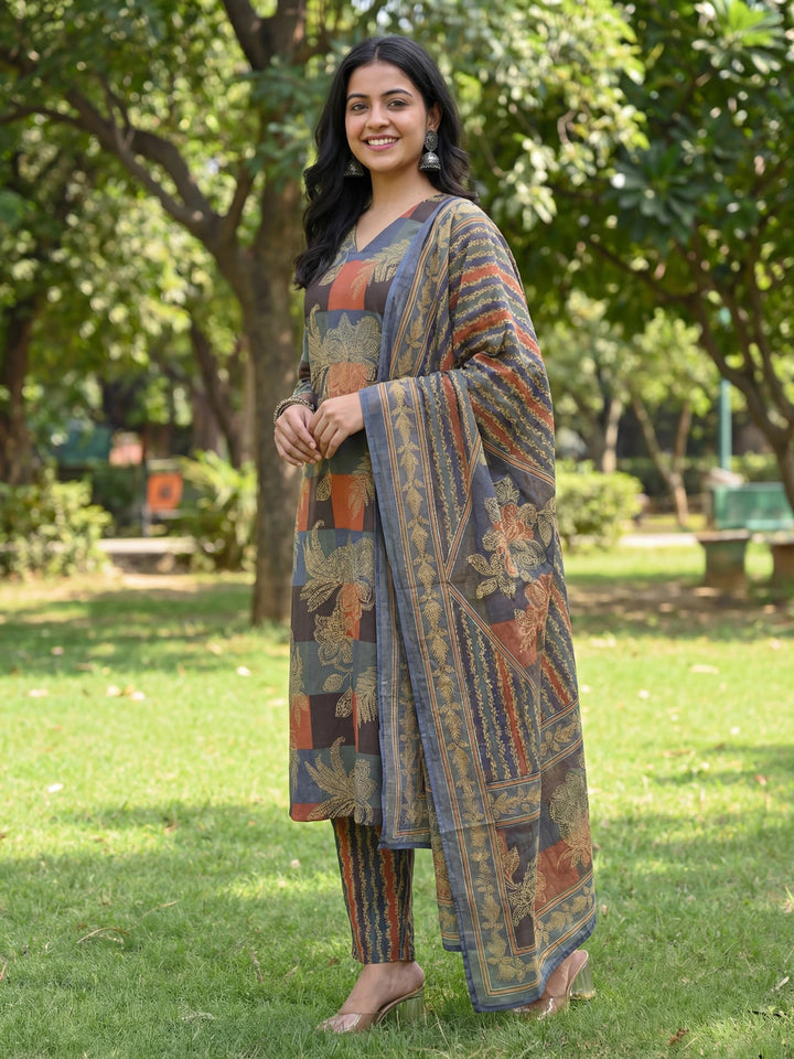 Multi Straight Floral Geometric Print Kurta Trouser Dupatta Set