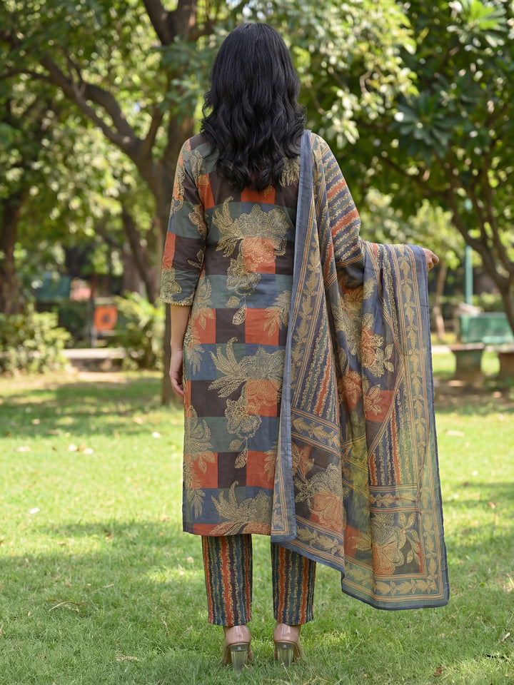 Multi Straight Floral Geometric Print Kurta Trouser Dupatta Set
