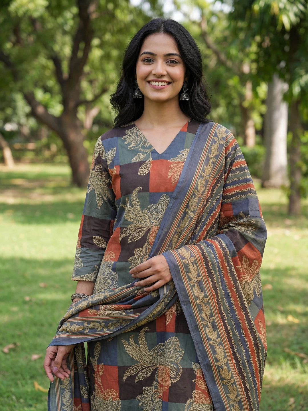 Multi Straight Floral Geometric Print Kurta Trouser Dupatta Set
