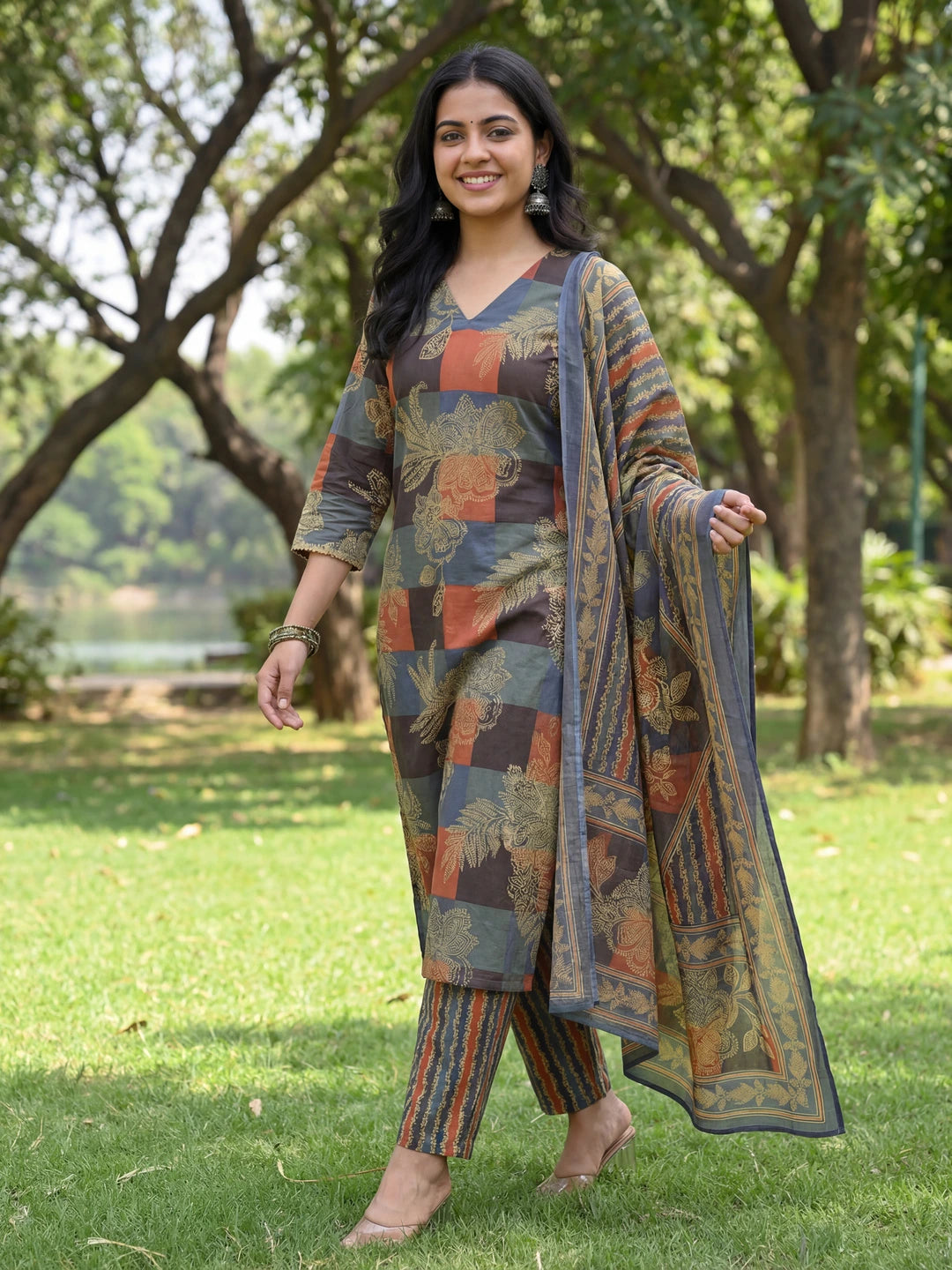 Multi Straight Floral Geometric Print Kurta Trouser Dupatta Set