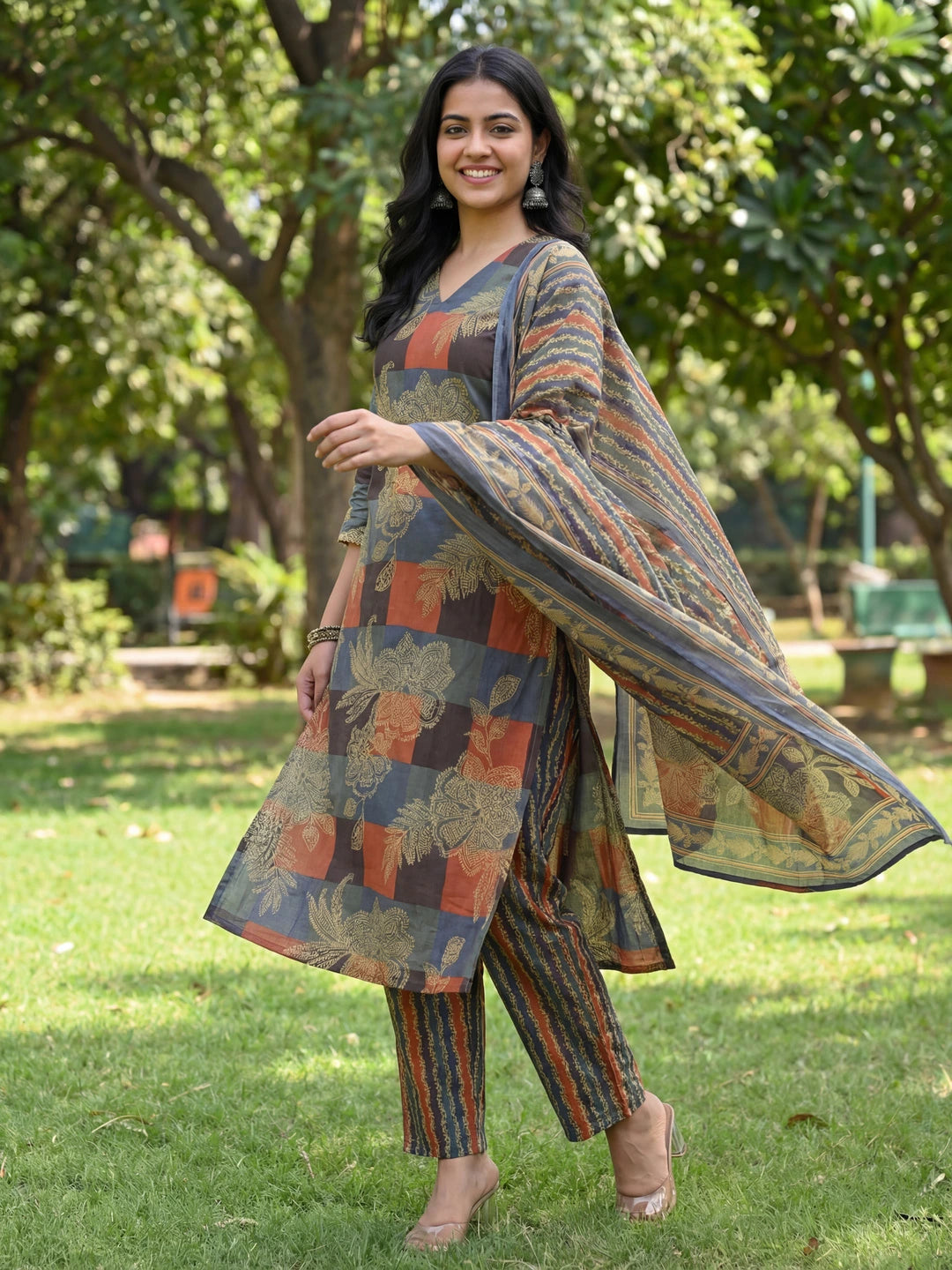 Multi Straight Floral Geometric Print Kurta Trouser Dupatta Set