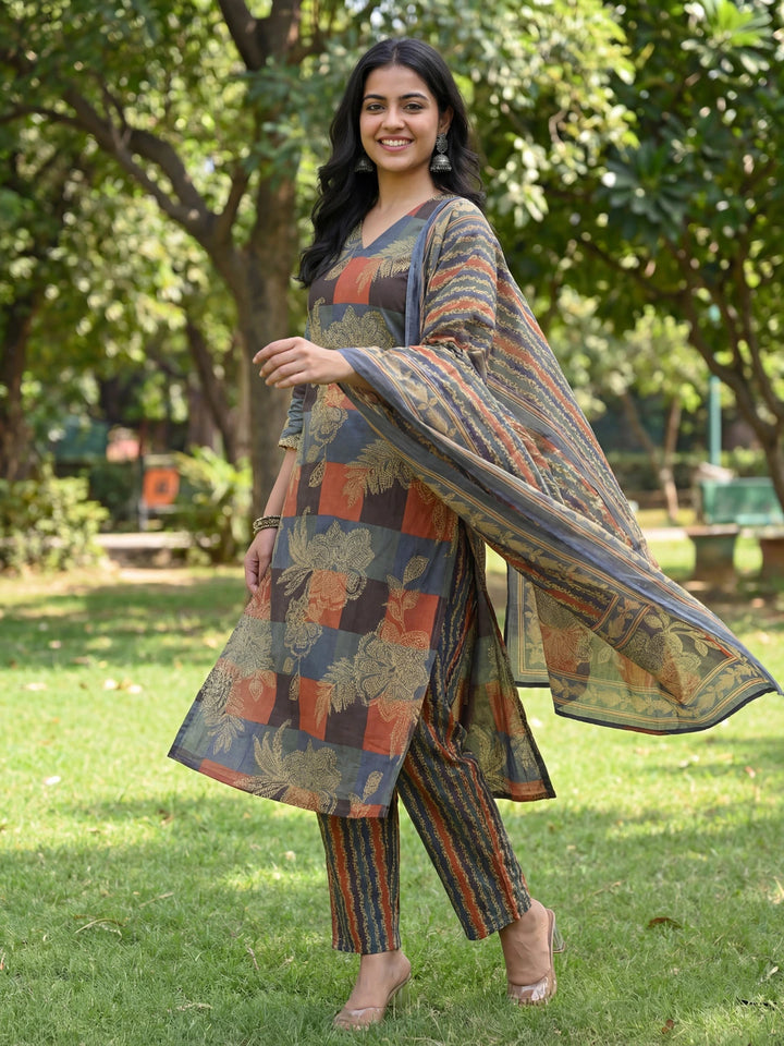 Multi Straight Floral Geometric Print Kurta Trouser Dupatta Set