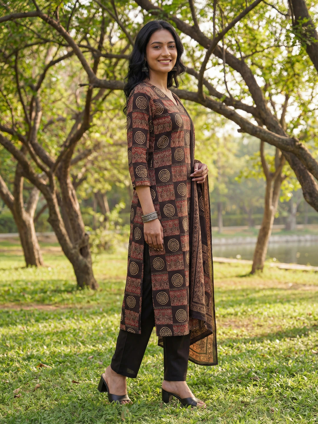 Black Straight Geometric Print Kurta Trouser Dupatta Set