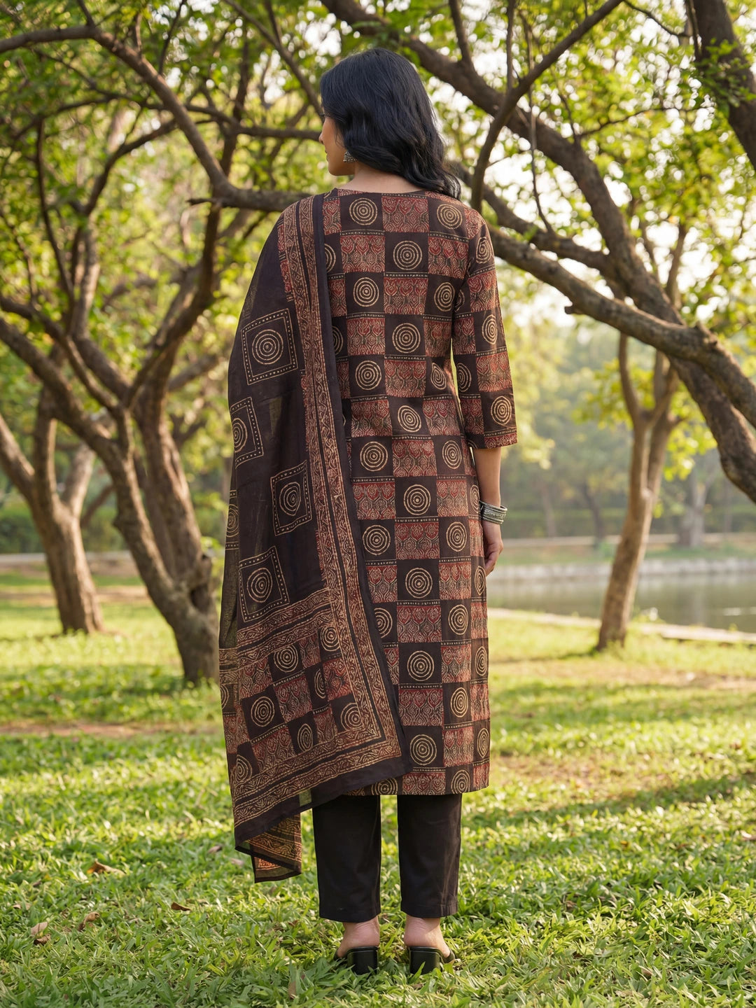 Black Straight Geometric Print Kurta Trouser Dupatta Set