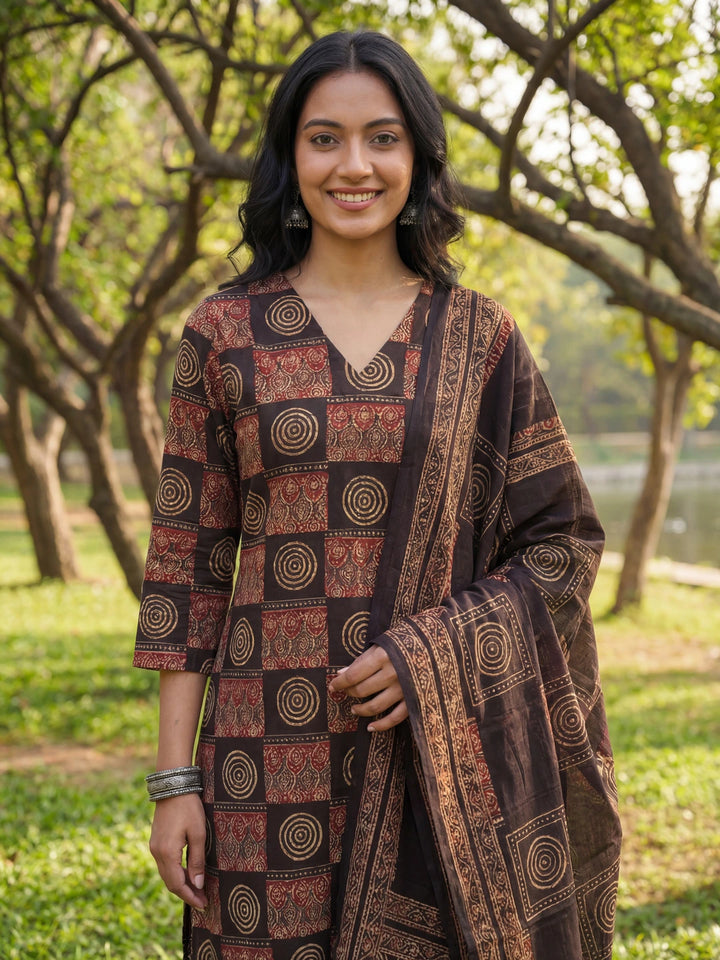 Black Straight Geometric Print Kurta Trouser Dupatta Set