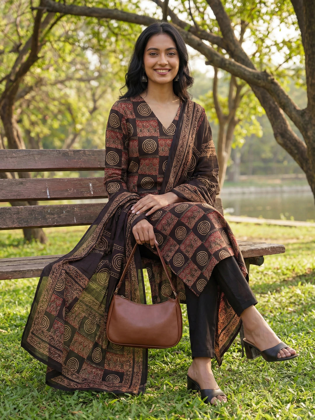 Black Straight Geometric Print Kurta Trouser Dupatta Set
