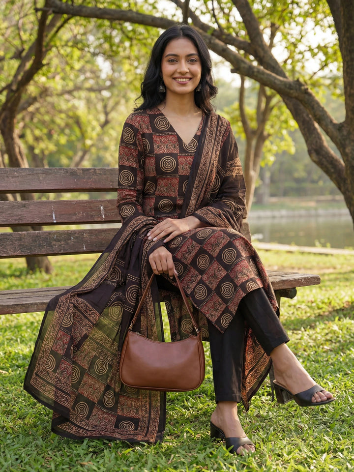 Black Straight Geometric Print Kurta Trouser Dupatta Set