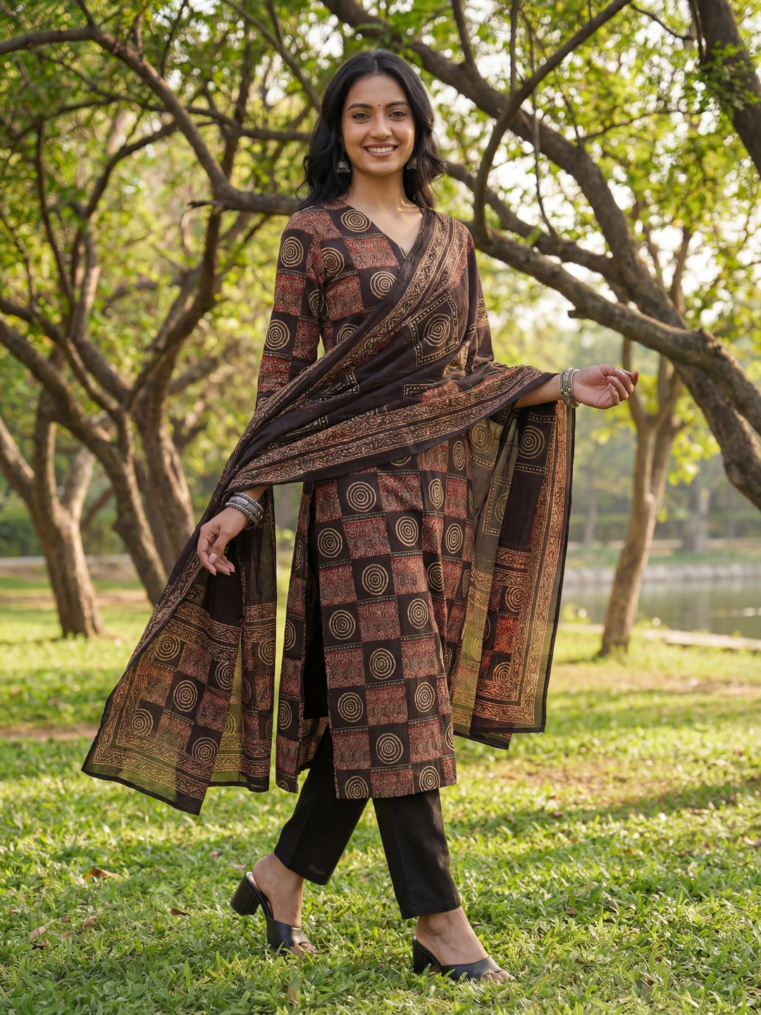 Black Straight Geometric Print Kurta Trouser Dupatta Set