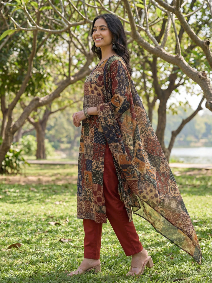 Multi Straight Ethnic Motifs Print Kurta Trouser Dupatta Set