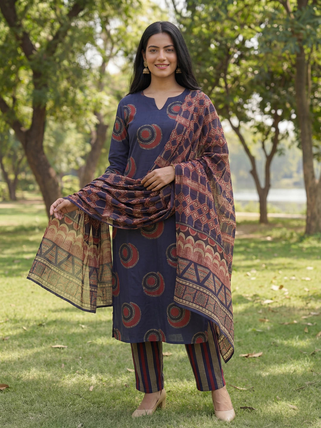 Navy Blue Straight Ethnic Motifs Print Kurta Trouser Dupatta Set