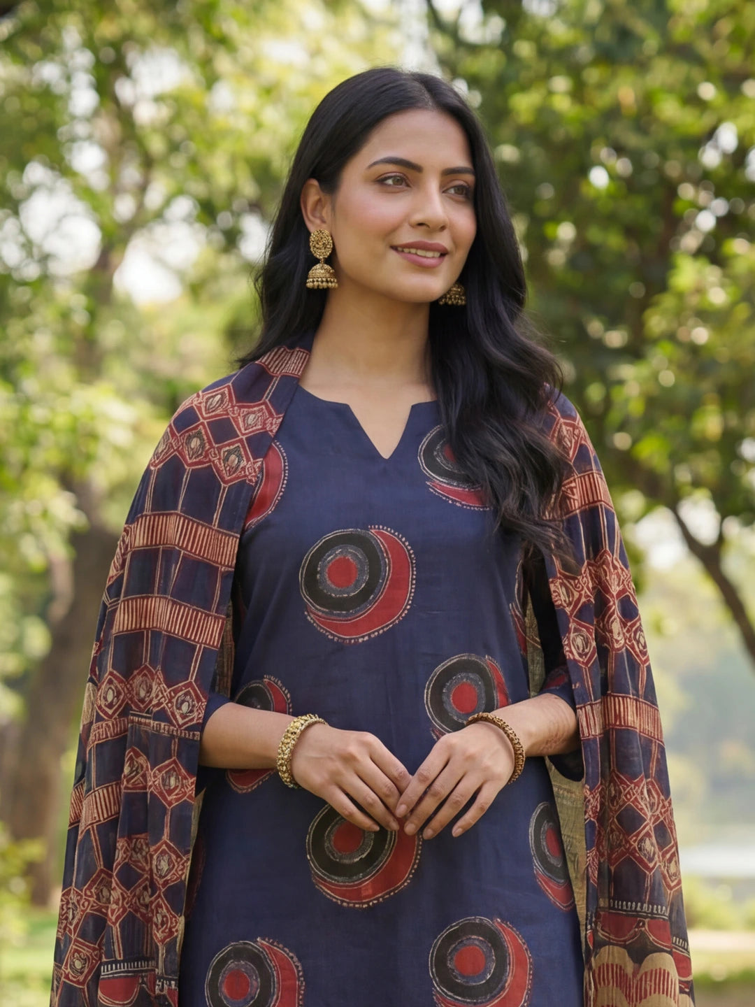 Navy Blue Straight Ethnic Motifs Print Kurta Trouser Dupatta Set