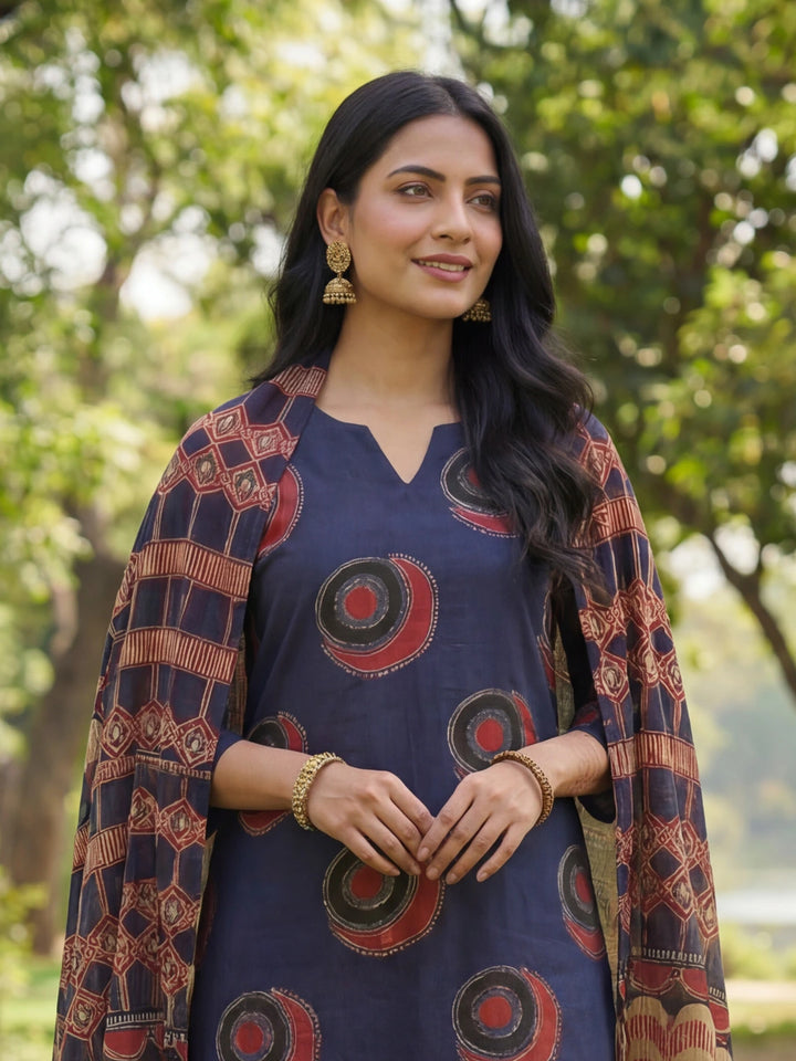 Navy Blue Straight Ethnic Motifs Print Kurta Trouser Dupatta Set