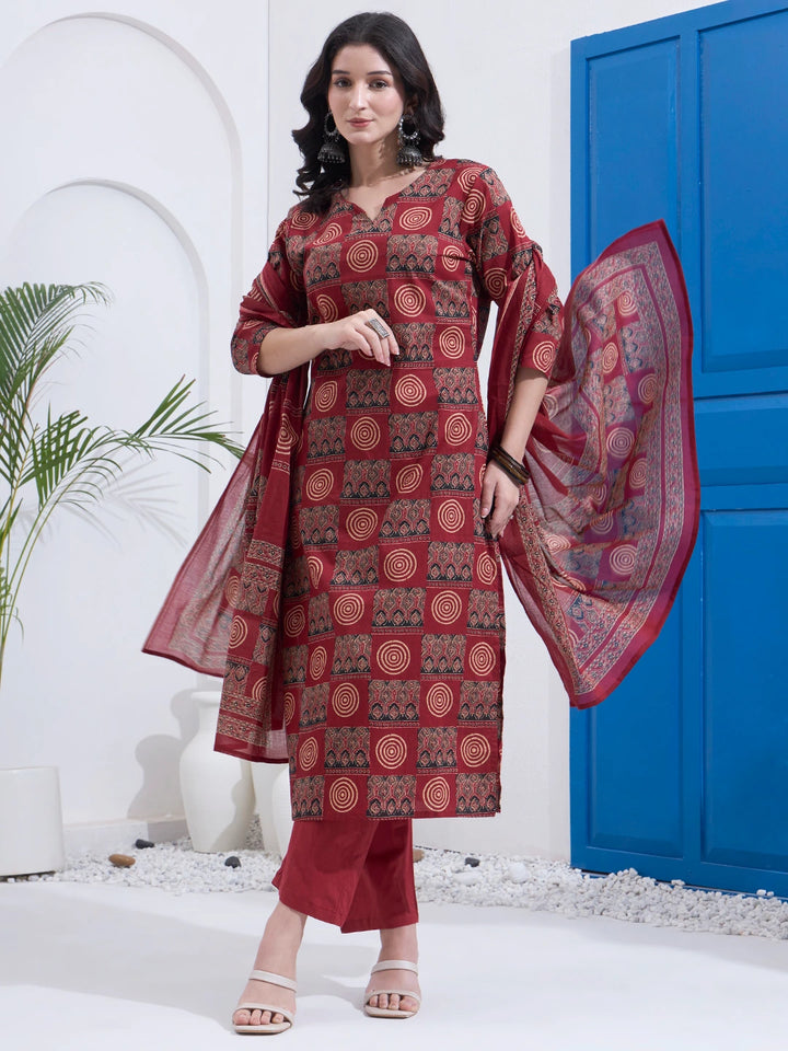 Maroon Cotton Straight Kurta Pant Dupatta Set