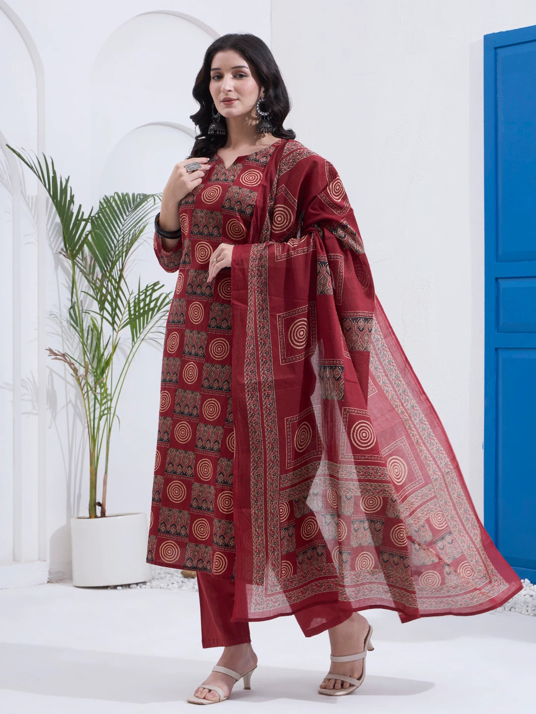 Maroon Cotton Straight Kurta Pant Dupatta Set