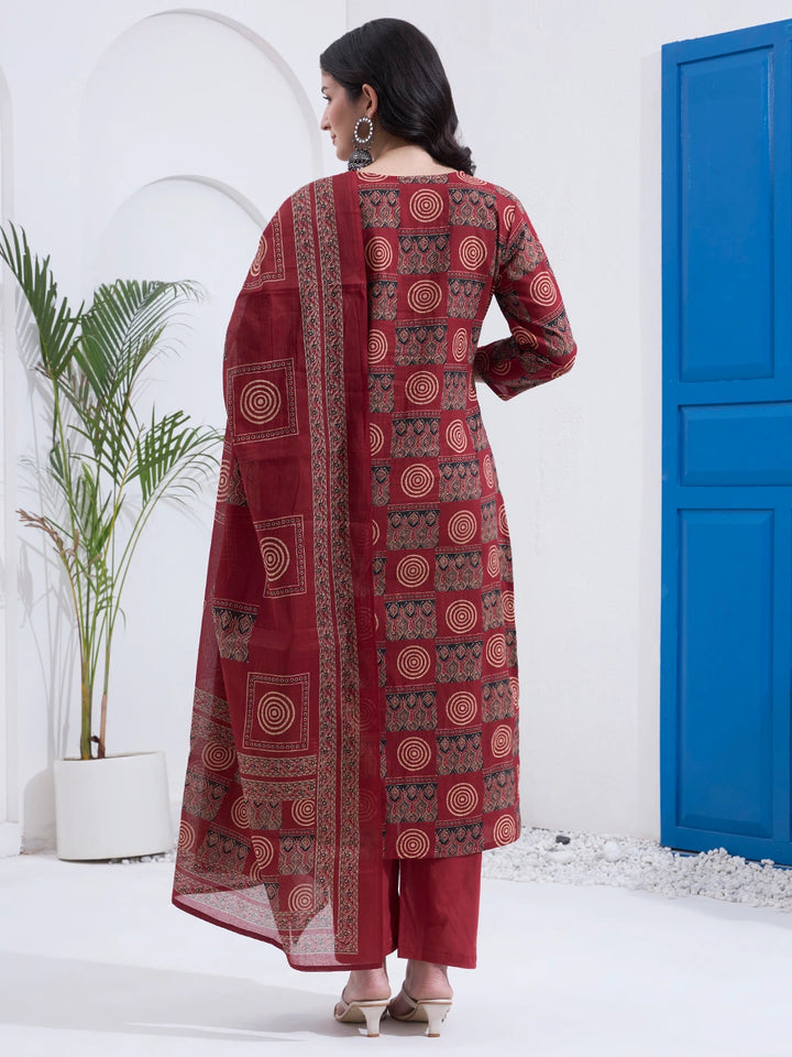 Maroon Cotton Straight Kurta Pant Dupatta Set
