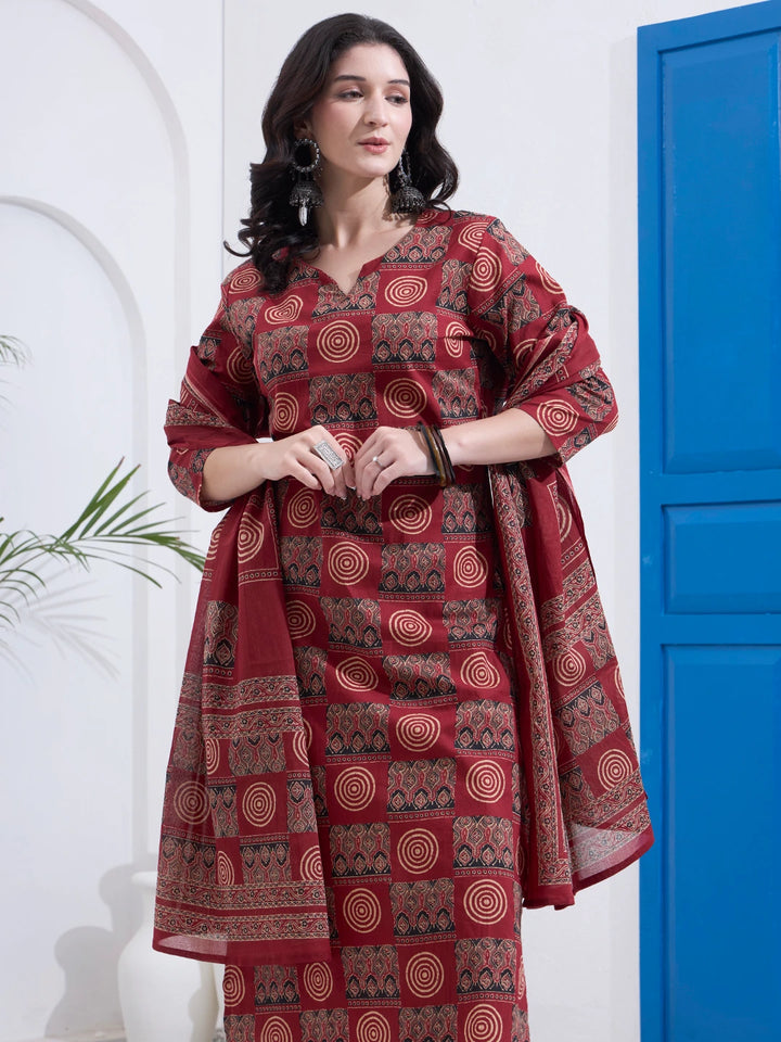 Maroon Cotton Straight Kurta Pant Dupatta Set