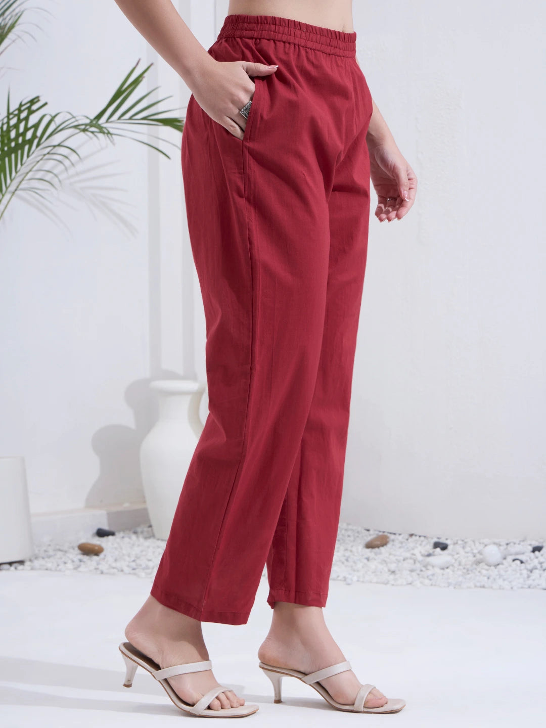 Maroon Cotton Straight Kurta Pant Dupatta Set