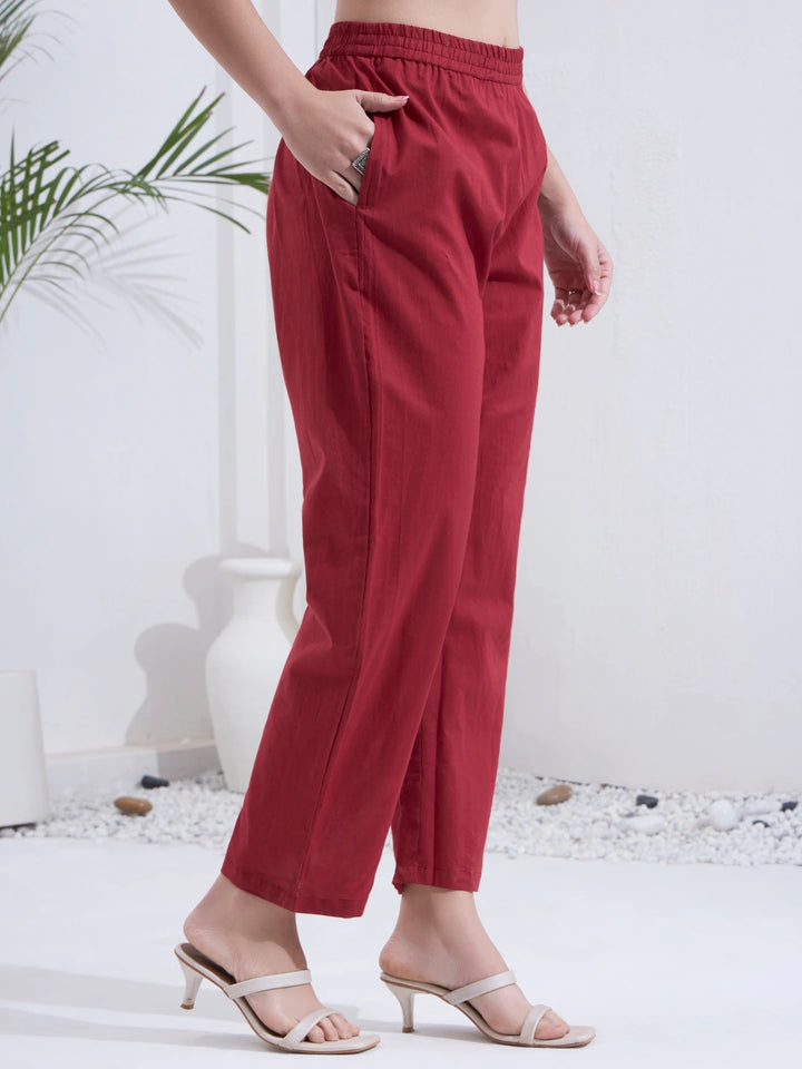 Maroon Cotton Straight Kurta Pant Dupatta Set