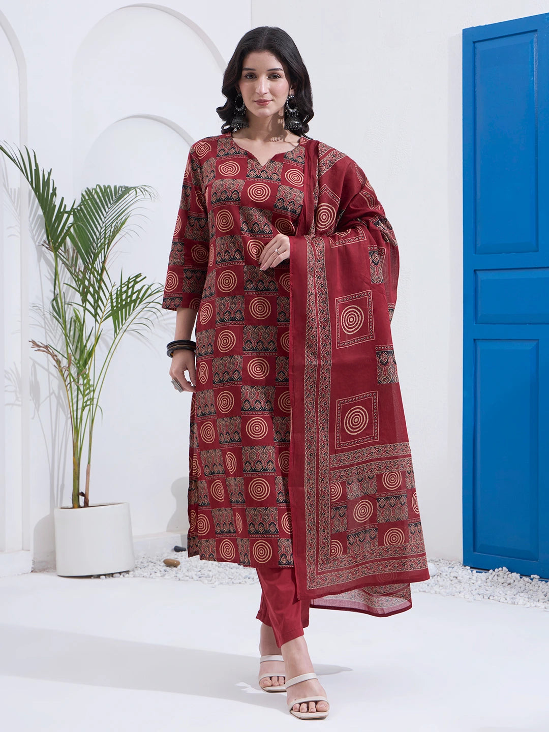 Maroon Cotton Straight Kurta Pant Dupatta Set