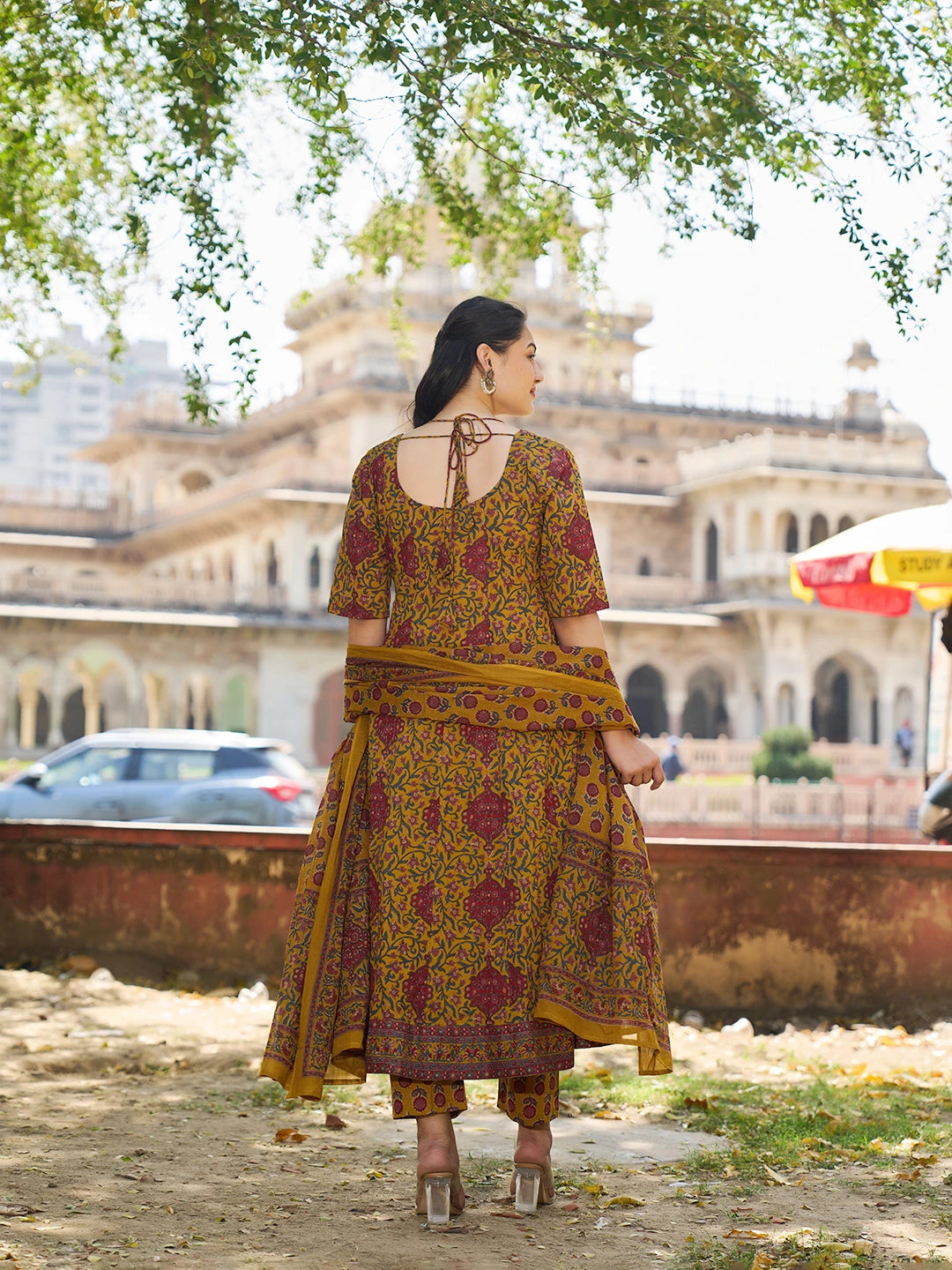 Mustard Cotton Kalidaar Style Kurta Pant Dupatta Set