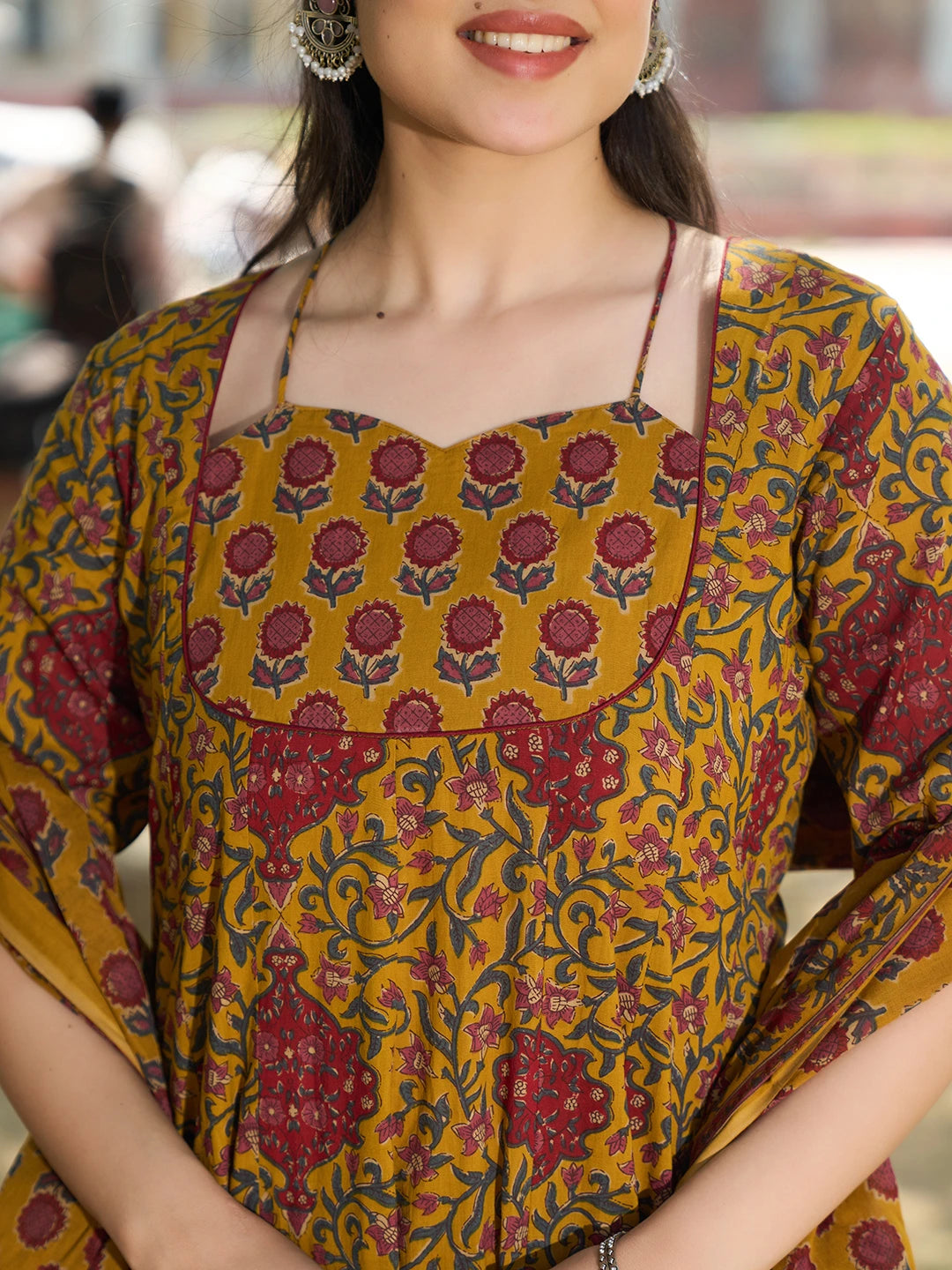 Mustard Cotton Kalidaar Style Kurta Pant Dupatta Set