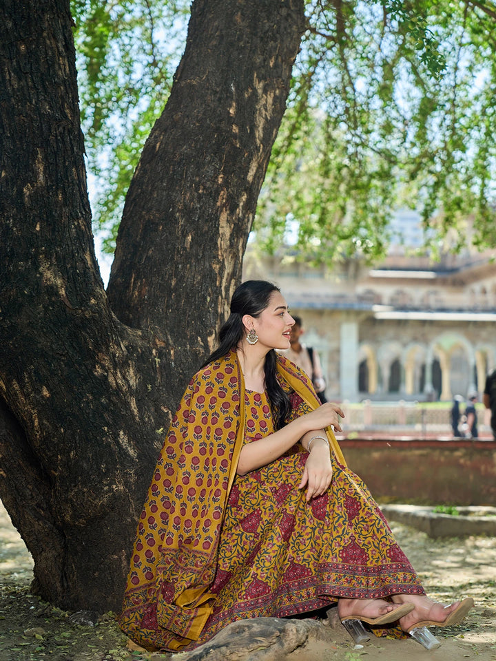 Mustard Cotton Kalidaar Style Kurta Pant Dupatta Set