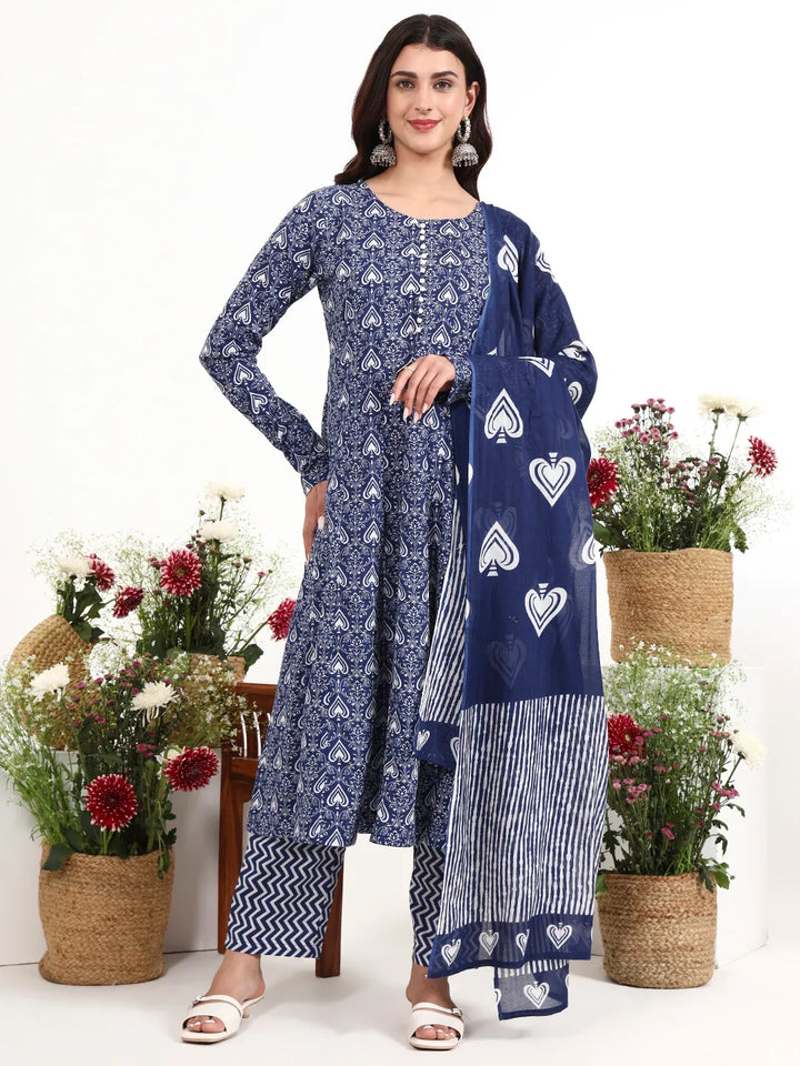 Navy Blue Cotton Anarkali Kurta Churidaar Sleeve Style Pant Dupatta Set