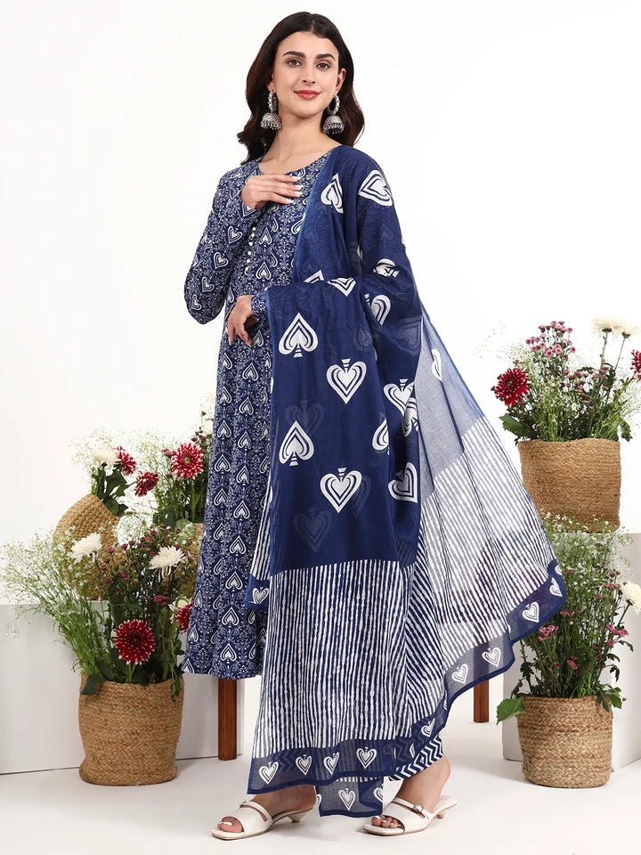 Navy Blue Cotton Anarkali Kurta Churidaar Sleeve Style Pant Dupatta Set