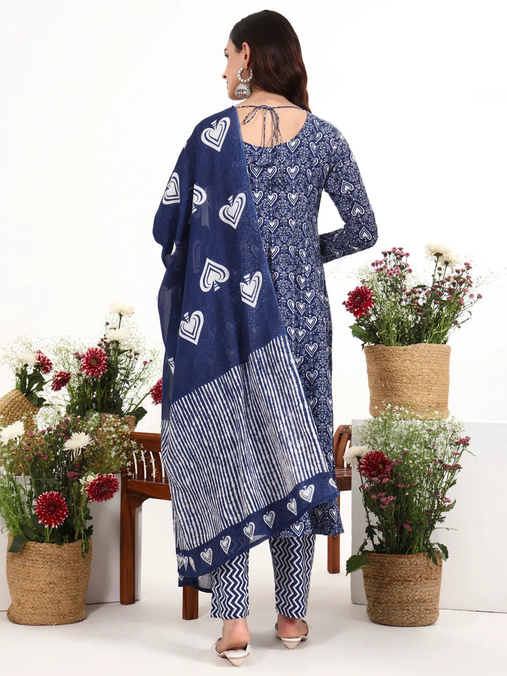 Navy Blue Cotton Anarkali Kurta Churidaar Sleeve Style Pant Dupatta Set