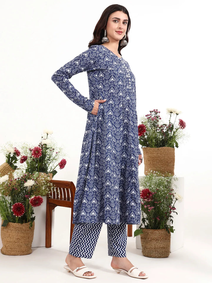 Navy Blue Cotton Anarkali Kurta Churidaar Sleeve Style Pant Dupatta Set