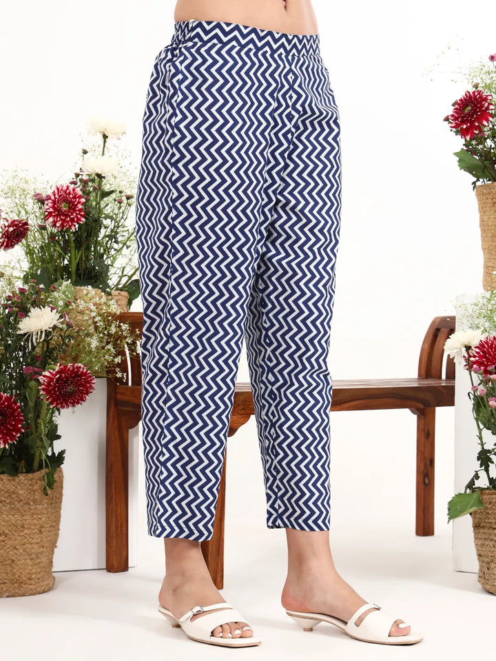 Navy Blue Cotton Anarkali Kurta Churidaar Sleeve Style Pant Dupatta Set