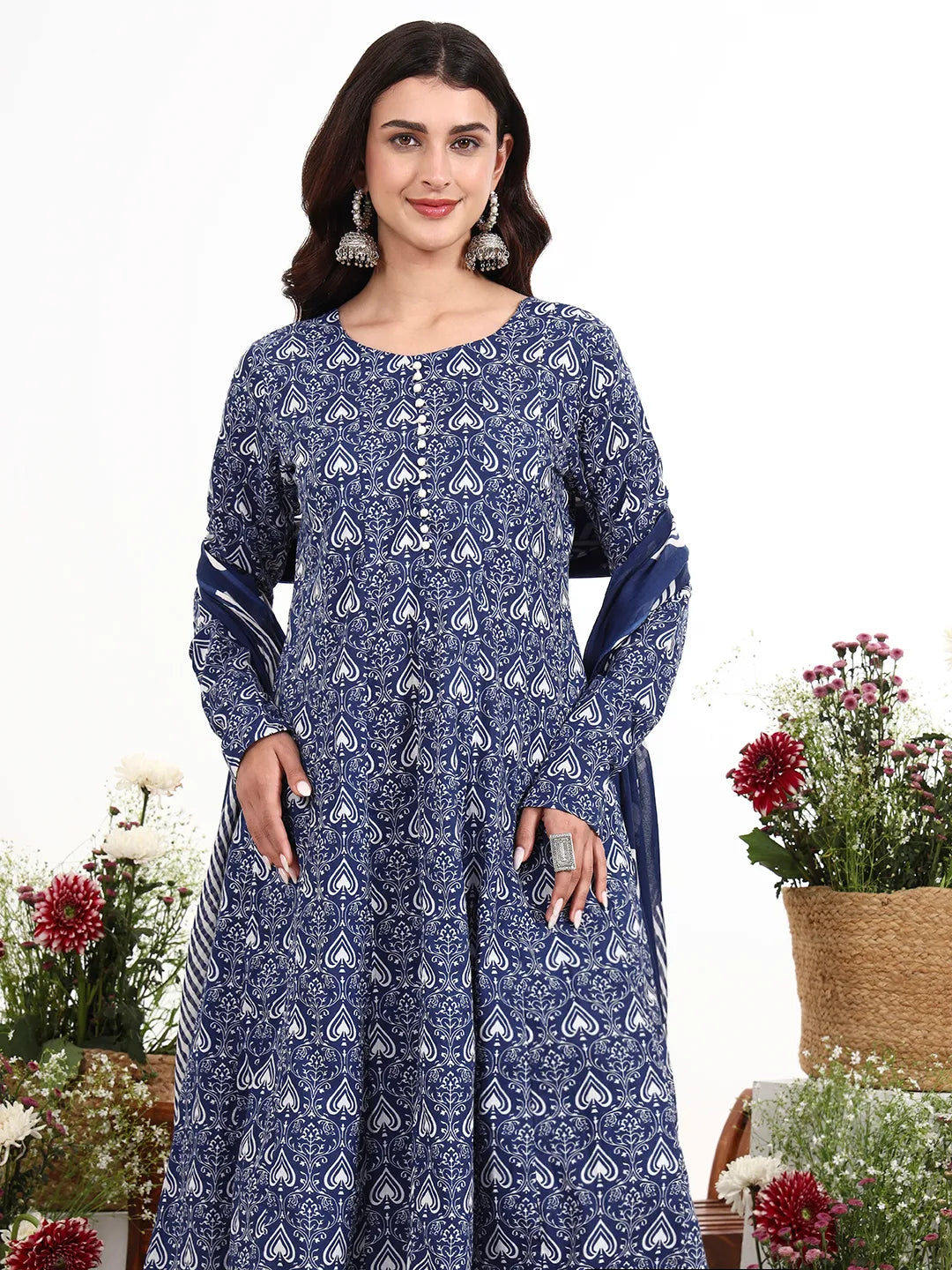 Navy Blue Cotton Anarkali Kurta Churidaar Sleeve Style Pant Dupatta Set