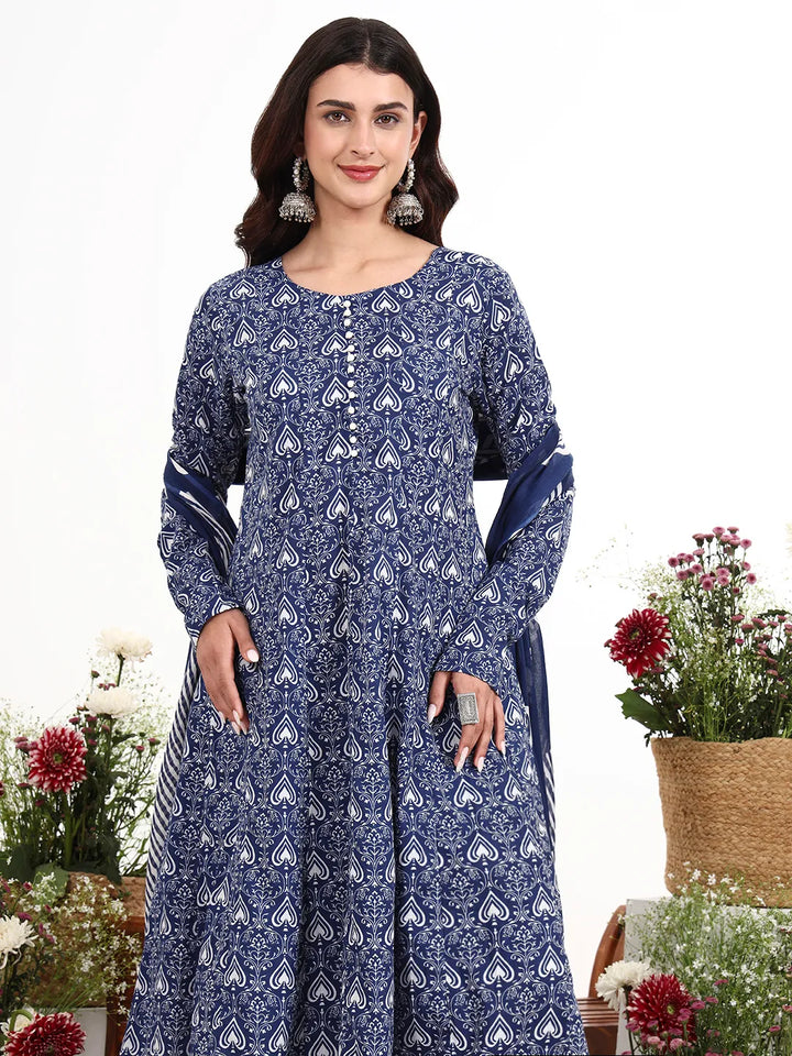 Navy Blue Cotton Anarkali Kurta Churidaar Sleeve Style Pant Dupatta Set