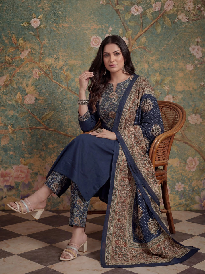 Navy Blue Cotton A Line Patch Work Plus Size Kurta Pant Dupatta Set