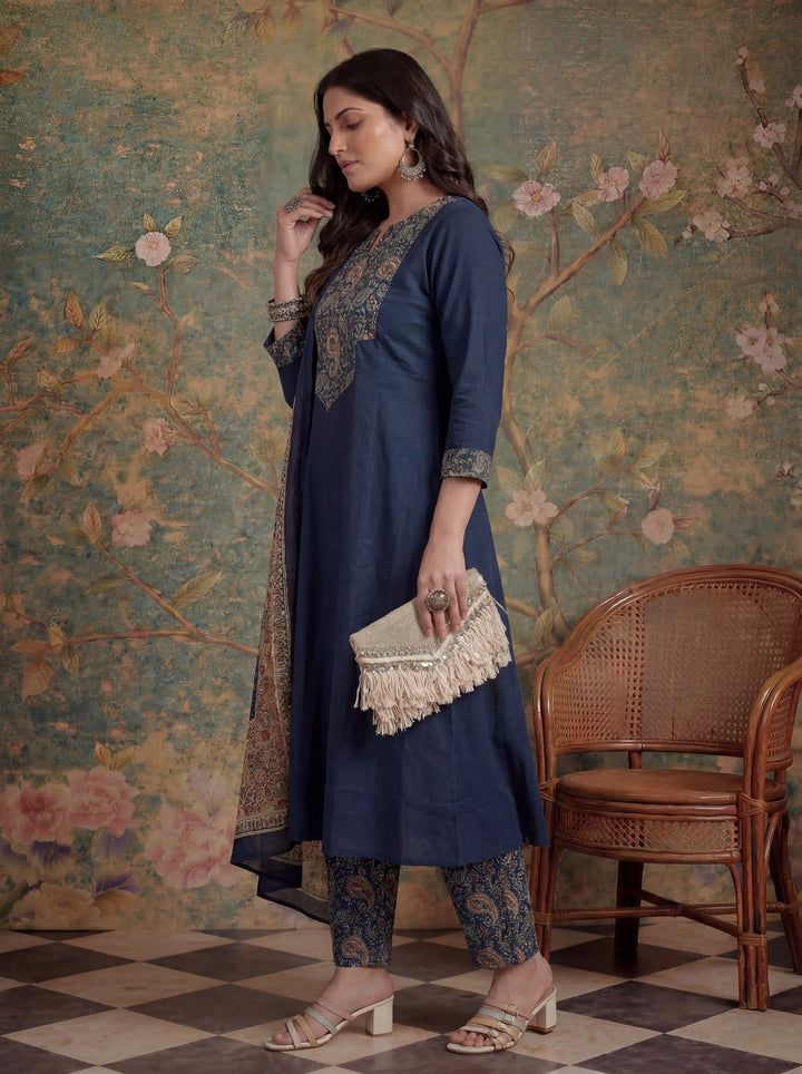 Navy Blue Cotton A Line Patch Work Plus Size Kurta Pant Dupatta Set