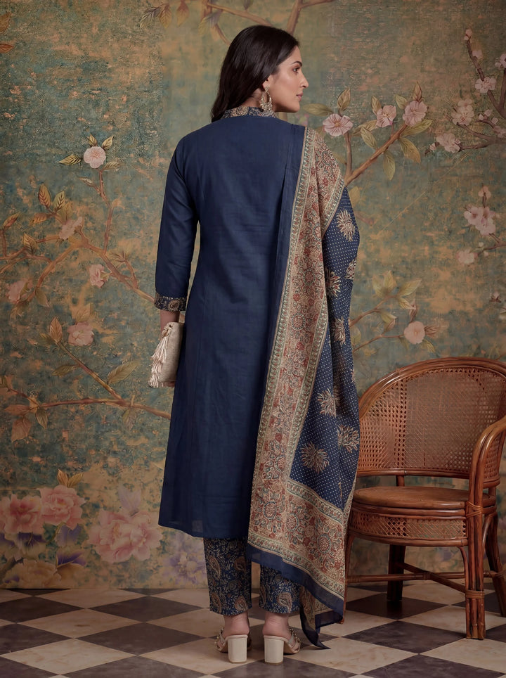 Navy Blue Cotton A Line Patch Work Plus Size Kurta Pant Dupatta Set