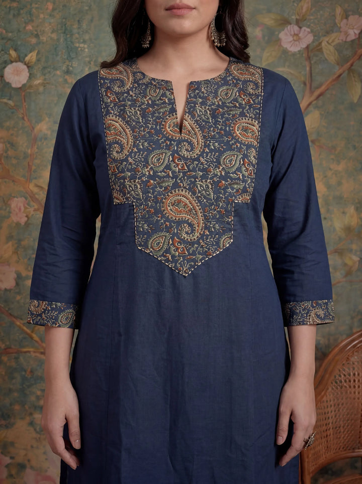 Navy Blue Cotton A Line Patch Work Plus Size Kurta Pant Dupatta Set