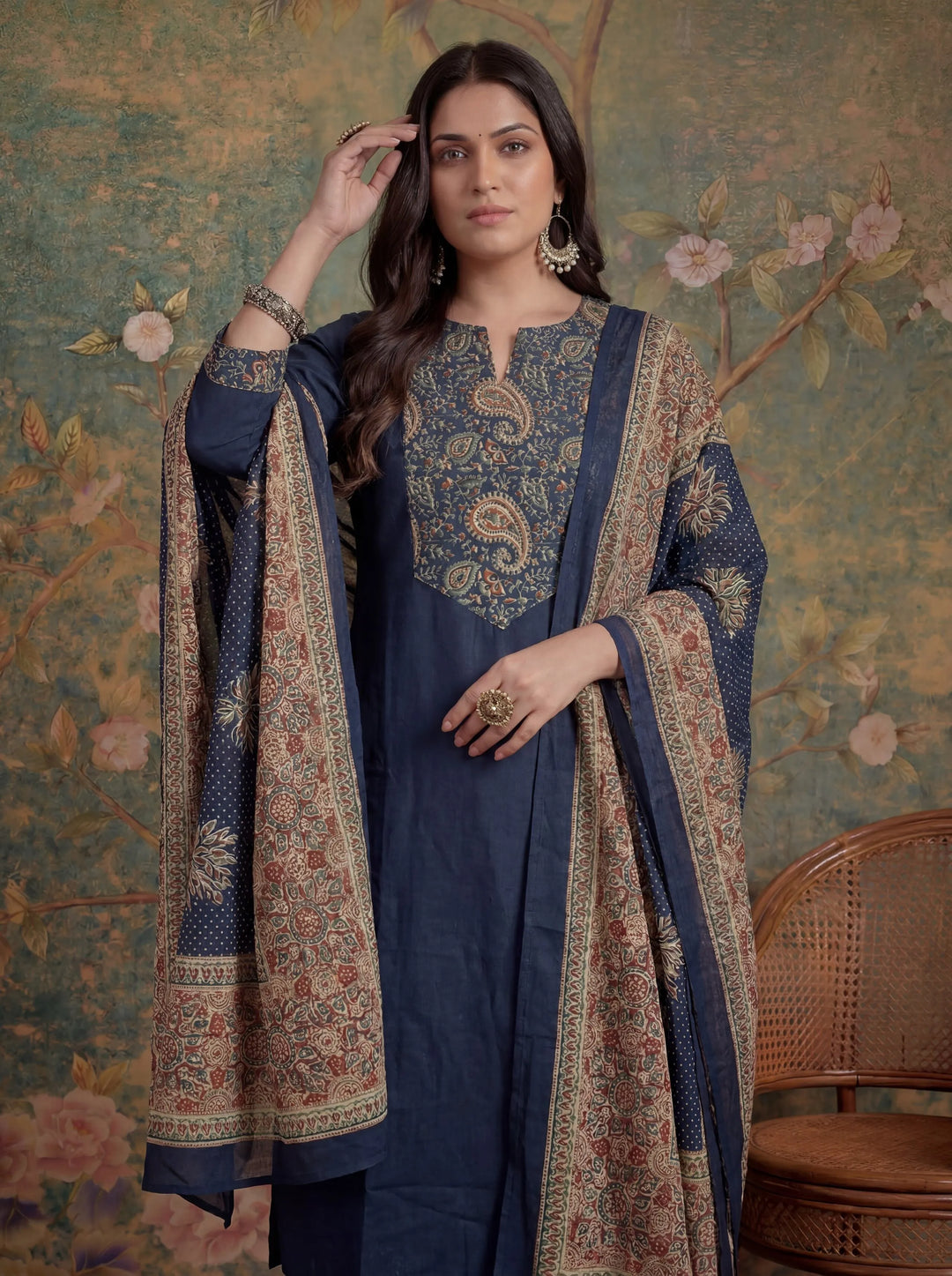 Navy Blue Cotton A Line Patch Work Plus Size Kurta Pant Dupatta Set