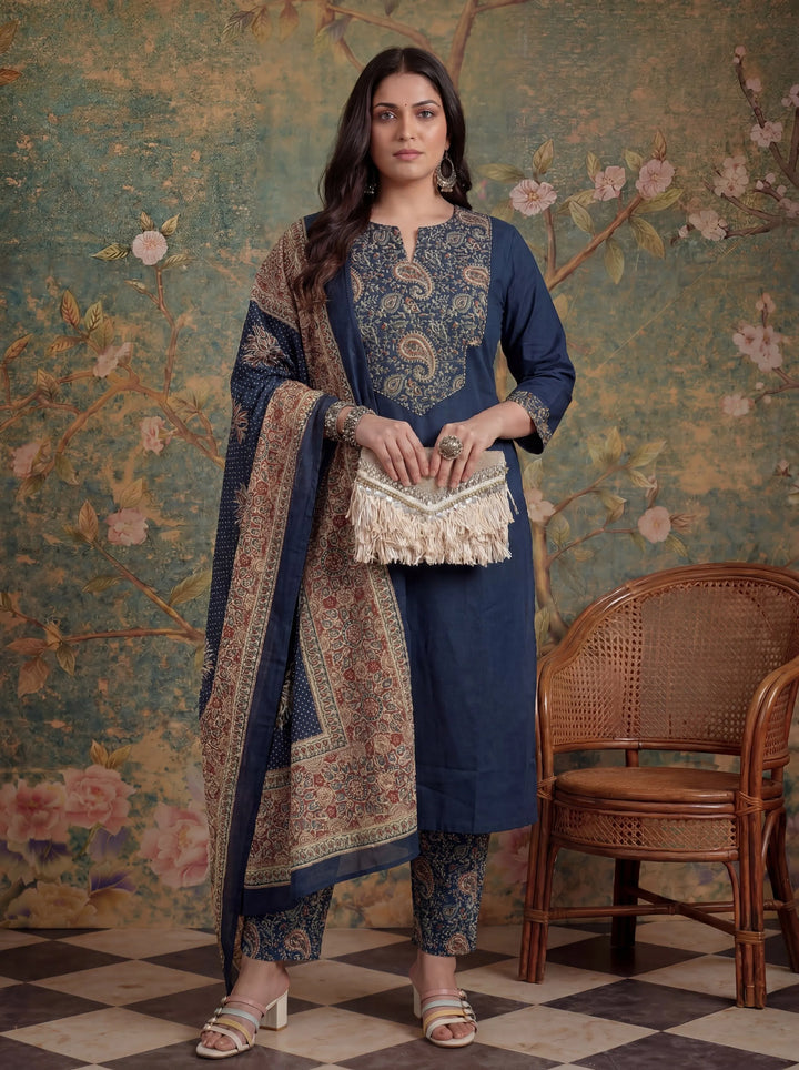 Navy Blue Cotton A Line Patch Work Plus Size Kurta Pant Dupatta Set